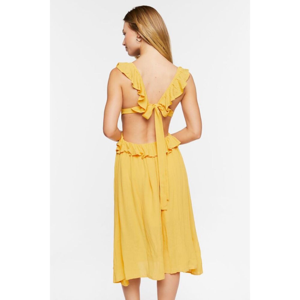 FOREVER 21 Yellow Gold Ruffle Tie-Back Midi Dress Womens Size Large - Picture 2 of 9